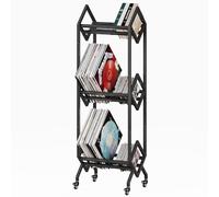Simoretus 3 Tier Vinyl Record Storage Rack, Mobile Black Metal LP Storage Display Stand with Casters, Large Capacity Record Holder for Albums, Books, Magazines, and Office Files