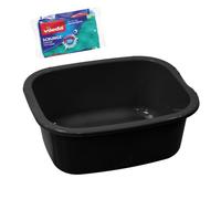 simpa 11L Multi-Purpose Black Plastic Rectangular Household Cleaning Bowl with 3PC Sponge Pack for Washing Up, Window Cleaning, Car Valeting and Multi Room Spot Cleaning Tasks.