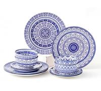 simpa 12PC Blue Florentine Porcelain Dinner Set. 4 Dinner Plates, 4 Side Plates & 4 Bowls. Dishwasher & Microwave Safe.