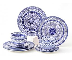 simpa 12PC Blue Florentine Porcelain Dinner Set. 4 Dinner Plates, 4 Side Plates & 4 Bowls. Dishwasher & Microwave Safe.