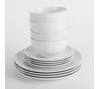 Simpa 12Pc Dinnerware Porcelain White Set: 4 Dinner Plates, 4 Side Plates & 4 Bowls. Dishwasher & Microwave Safe.