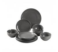 simpa 12PC Grey Glazed Ceramic Stoneware Dinner Set. 4 Dinner Plates, 4 Side Plates & 4 Bowls. Dishwasher & Microwave Safe.