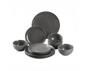 simpa 12PC Grey Glazed Ceramic Stoneware Dinner Set. 4 Dinner Plates, 4 Side Plates & 4 Bowls. Dishwasher & Microwave Safe.