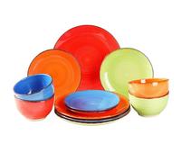 simpa 12PC Hand Painted Assorted Bright Colourful Stoneware Dinner Set. 4 Dinner Plates, 4 Side Plates & 4 Bowls. Dishwasher & Microwave Safe.