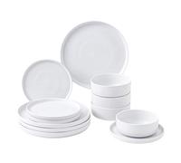 simpa 12PC White Vertical Edge Porcelain Dinner Set, 4 Dinner Plates, 4 Side Plates & 4 Bowls, Dishwasher & Microwave Safe