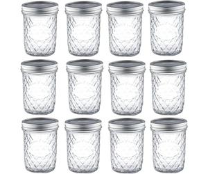 simpa 12PK 475ml/16oz Quilted Decorative Glass Mason Jars with Silver Metal Airtight Lids. Suitable for Meal Prep, Drinks, Food Storage, Canning, Dry Food, Salads and more.