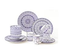 simpa 16PC Blue Florentine Porcelain Dinner Set. 4 Dinner Plates, 4 Side Plates, 4 Bowls & 4 Mugs. Dishwasher & Microwave Safe.