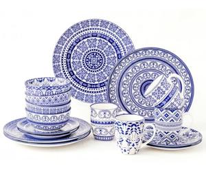 simpa 16PC Blue Florentine Porcelain Dinner Set. 4 Dinner Plates, 4 Side Plates, 4 Bowls & 4 Mugs. Dishwasher & Microwave Safe.