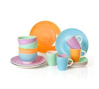 simpa 16PC Cloud Nine Hand Painted Assorted Colour Stoneware Dinner Set. 4 Dinner Plates, 4 Side Plates, 4 Bowls & 4 Mugs. Dishwasher & Microwave Safe.