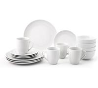 Simpa 16Pc Dinnerware Porcelain White Set: 4 Dinner Plates, 4 Side Plates, 4 Bowls & 4 Mugs. Dishwasher & Microwave Safe.