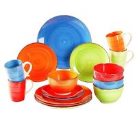 simpa 16PC Hand Painted Assorted Bright Colourful Stoneware Dinner Set. 4 Dinner Plates, 4 Side Plates, 4 Bowls & 4 Mugs. Dishwasher & Microwave Safe.