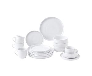 simpa 16PC White Vertical Edge Porcelain Dinner Set, 4 Dinner Plates, 4 Side Plates, 4 Bowls & 4 Mugs, Dishwasher & Microwave Safe