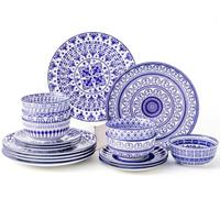 simpa 18PC Blue Florentine Porcelain Dinner Set. 6 Dinner Plates, 6 Side Plates & 6 Bowls. Dishwasher & Microwave Safe.