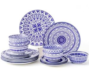 simpa 18PC Blue Florentine Porcelain Dinner Set. 6 Dinner Plates, 6 Side Plates & 6 Bowls. Dishwasher & Microwave Safe.