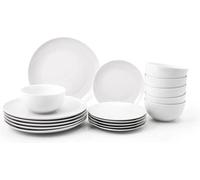 Simpa 18Pc Dinnerware Porcelain White Set: 6 Dinner Plates, 6 Side Plates & 6 Bowls. Dishwasher & Microwave Safe.