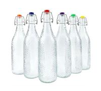 simpa 1L Vintage Style Clear Embossed Dots Patterned Bottles with Assorted Colour Swing Top Lids