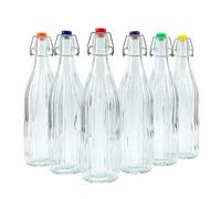 simpa 1L Vintage Style Clear Embossed Vertical Stripe Patterned Bottles with Assorted Colour Swing Top Lids