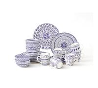 simpa 24PC Blue Florentine Porcelain Dinner Set. 6 Dinner Plates, 6 Side Plates, 6 Bowls & 6 Mugs. Dishwasher & Microwave Safe.