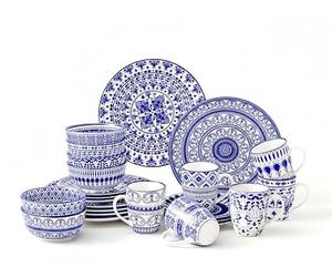 simpa 24PC Blue Florentine Porcelain Dinner Set. 6 Dinner Plates, 6 Side Plates, 6 Bowls & 6 Mugs. Dishwasher & Microwave Safe.