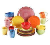 simpa 24PC Hand Painted Assorted Bright Colourful Stoneware Dinner Set. 6 Dinner Plates, 6 Side Plates, 6 Bowls & 6 Mugs. Dishwasher & Microwave Safe.