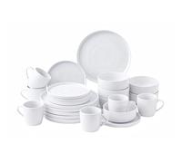 simpa 24PC White Vertical Edge Porcelain Dinner Set, 6 Dinner Plates, 6 Side Plates, 6 Bowls & 6 Mugs, Dishwasher & Microwave Safe