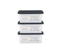 simpa 28 Litre 28L Stackable Underbed Plastic Storage Box with Clear Lid - 20cm (H) x 49cm (L) x 39cm (W) - Set of 3