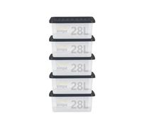 simpa 28 Litre 28L Stackable Underbed Plastic Storage Box with Clear Lid - 20cm (H) x 49cm (L) x 39cm (W) - Set of 5