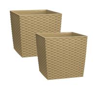 Simpa 2Pc Beige 7L Cubie Rattan Plastic Planters - 19Cm (H) X 19Cm (W) X 19Cm (D)