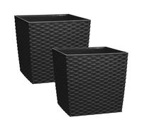 Simpa 2Pc Black 7L Cubie Rattan Plastic Planters - 19Cm (H) X 19Cm (W) X 19Cm (D)