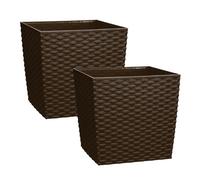 Simpa 2Pc Brown 15L Cubie Rattan Plastic Planters - 25Cm (H) X 25Cm (W) X 25Cm (D)