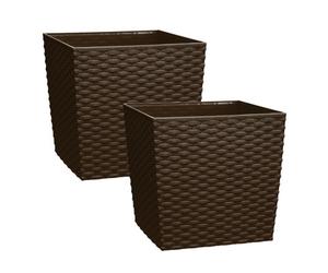 Simpa 2Pc Brown 7L Cubie Rattan Plastic Planters - 19Cm (H) X 19Cm (W) X 19Cm (D)