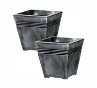 Simpa 2Pc Distressed Silver Plastic Milano Square Planters With 4 Linear Groove Design.