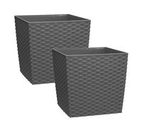 Simpa 2Pc Grey 10L Cubie Rattan Plastic Planters - 22Cm (H) X 22Cm (W) X 22Cm (D)