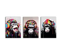 simpa 3 Panel Canvas Wall Art - Headphone Apes - Framed & Stretched Artwork for Home, Living Room, Office Décor