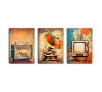 simpa 3 Panel Canvas Wall Art - Retro Sound and Vision - Framed & Stretched Artwork for Home, Living Room, Office Décor