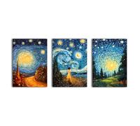 simpa 3 Panel Canvas Wall Art - Van Gogh Inspired Starry Night - Framed & Stretched Artwork for Home, Living Room, Office Décor