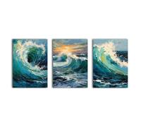 simpa 3 Panel Canvas Wall Art - Waves of the Sea - Framed & Stretched Artwork for Home, Living Room, Office Décor