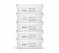 simpa 32 Litre 32L Stackable Compact Under Bed Plastic Storage Box with Clear Click Lock Closure Lid - 19cm (H) x 58cm (L) x 40cm (W) - Set of 5