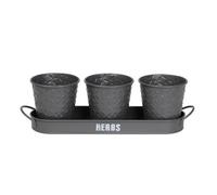 Simpa 3Pc Grey Herb Pot Planters With Embossed Decorative Finish & Tray