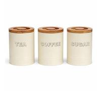 simpa 3PC Tea, Sugar & Coffee Canister Set - Antique Cream Cylindrical Shaped Metal Storage Canisters Jars with Lids.
