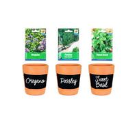 Simpa 3Pc Terracotta Chalkboard Herb Planters With Oregano, Parsley And Sweet Basil Seeds.