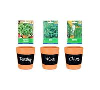 Simpa 3Pc Terracotta Chalkboard Herb Planters With Parsley, Mint And Chive Seeds.