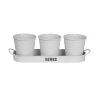 Simpa 3Pc White Herb Pot Planters With Embossed Decorative Finish & Tray