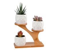 simpa 3PC White Owls Ceramic Plant Pots on Perch Stand simpa White