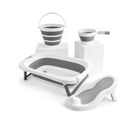 simpa 4PC Baby Bath Set: Including Foldable Baby Bath Tub, Soft Bath Support, Foldable Bucket & Water Scoop - White & Grey