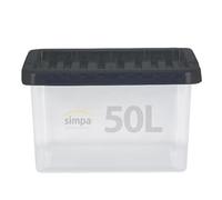 simpa 50 Litre 50L Stackable Plastic Storage Box with Clear/Black Lid - 29cm (H) x 57.5cm (L) x 40cm (W) - Single Box