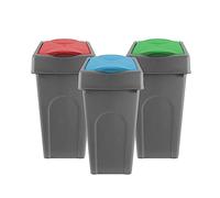 simpa 50L Grey Square Slanted Rubbish Recycling Bins - Set of 3 - with Blue, Red & Green Lift Top Cowl Lids