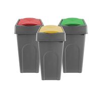 simpa 50L Grey Square Slanted Rubbish Recycling Bins - Set of 3 - with Yellow, Red & Green Lift Top Cowl Lids