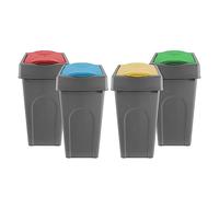 simpa 50L Grey Square Slanted Rubbish Recycling Bins - Set of 4 - with Blue, Red, Green & Yellow Lift Top Cowl Lids