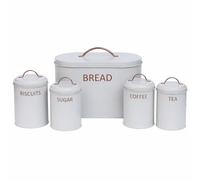 simpa 5PC Round Kitchen Storage Set: Bread Bin, Biscuit Tin and Tea, Coffee & Sugar Canister Set - Light Matt Grey - Vintage Classic Inspired Metal Storage Set.